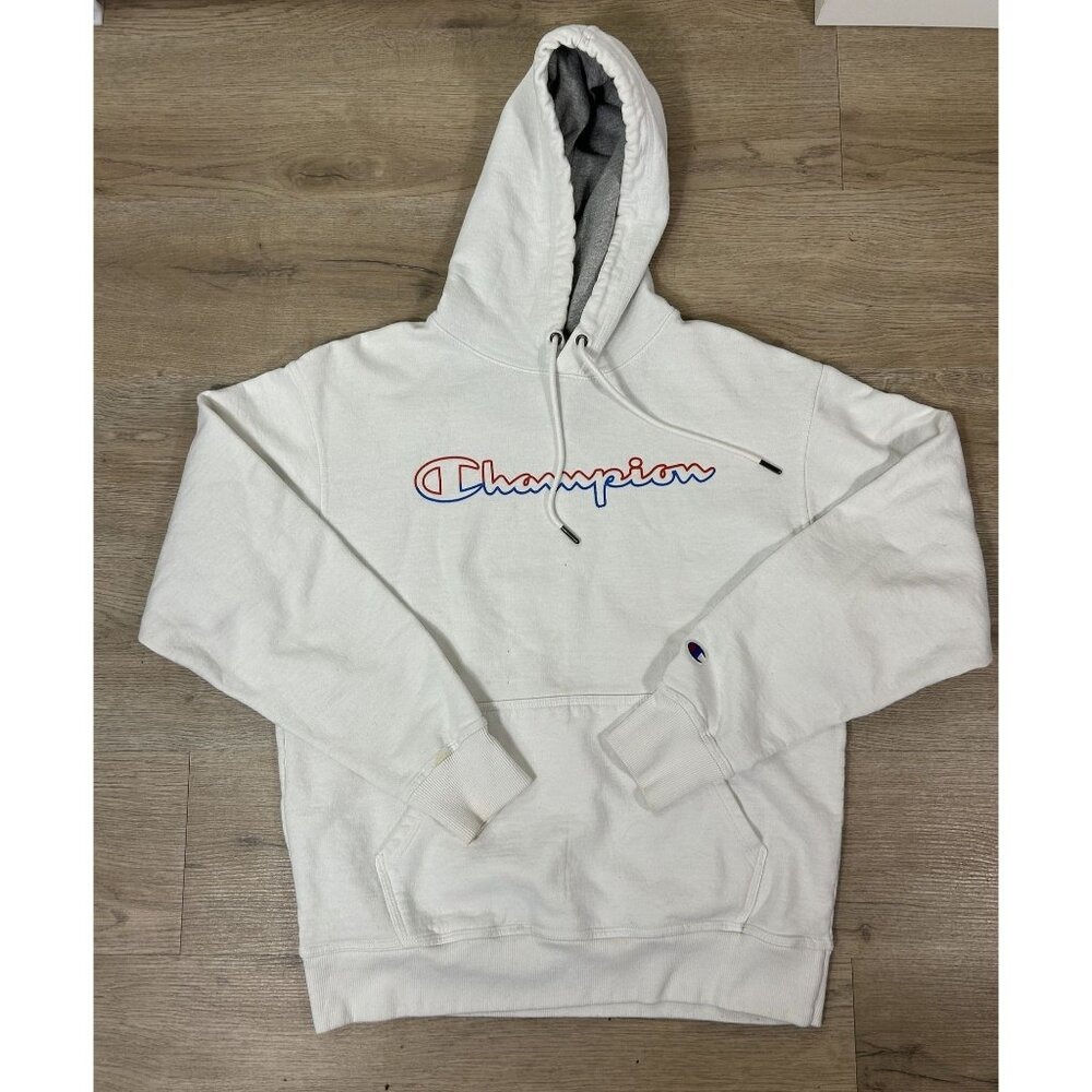 Champion Powerblend Fleece White Grey Chest Logo Pullover Hoodie Size M